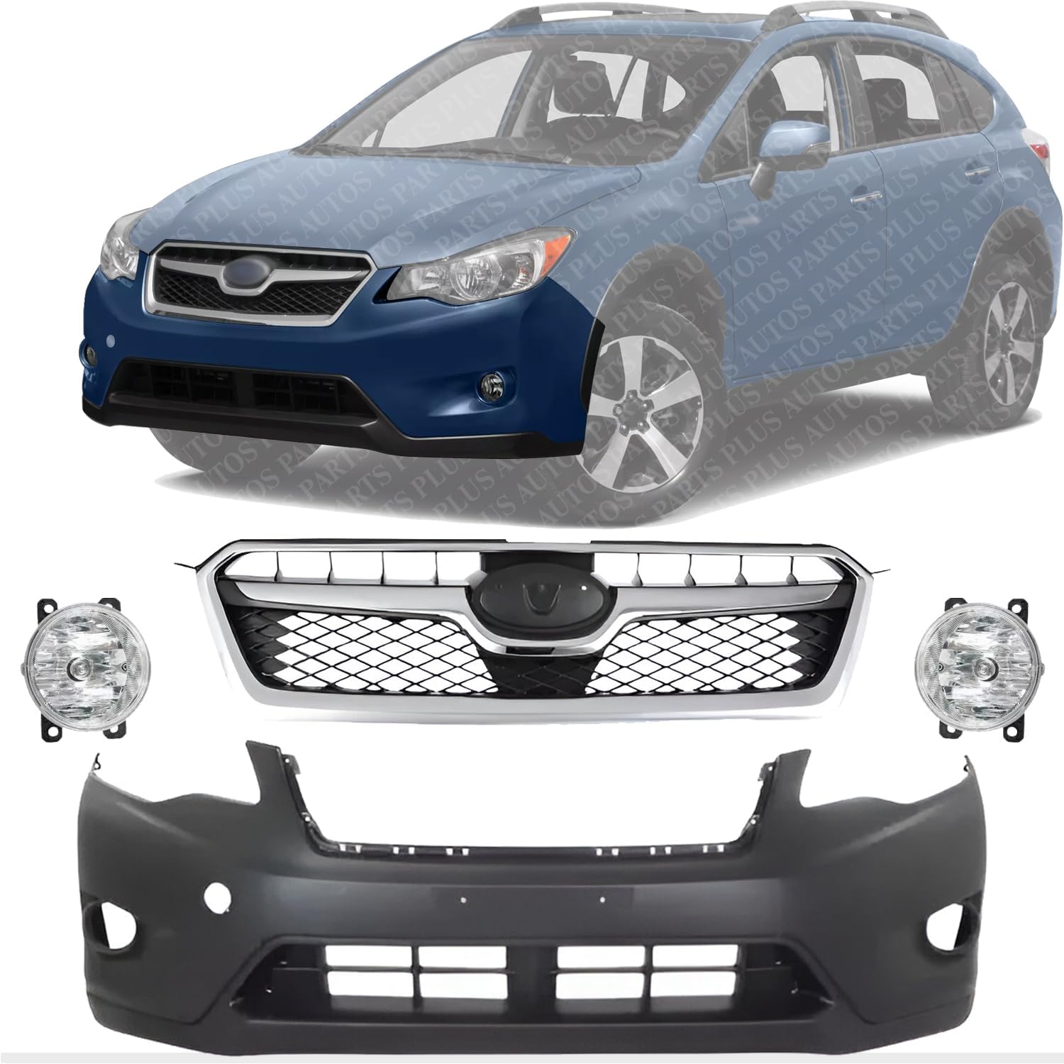 Front Bumper Cover Primed + Grille with Chrome Trims + Fog Lamps Left Driver and Right Passenger Side Direct Replacement Compatible with 2013-2015 Subaru XV Crosstrek