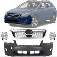Front Bumper Cover Primed + Grille with Chrome Trims + Fog Lamps Left Driver and Right Passenger Side Direct Replacement Compatible with 2013-2015 Subaru XV Crosstrek