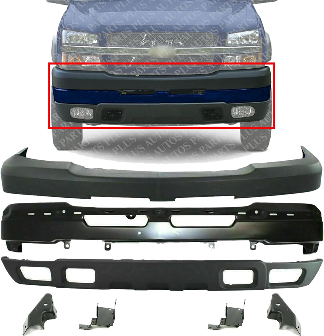Front Bumper Primed Steel + Upper Cover + Lower Valance Textured + Bracket Set Left & Right Side Direct Replacement Compatible With 2003-2006 Chevrolet Silverado 2500HD 3500