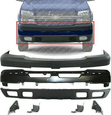 Front Bumper Primed Steel + Upper Cover + Lower Valance Textured + Bracket Set Left & Right Side Direct Replacement Compatible With 2003-2006 Chevrolet Silverado 2500HD 3500