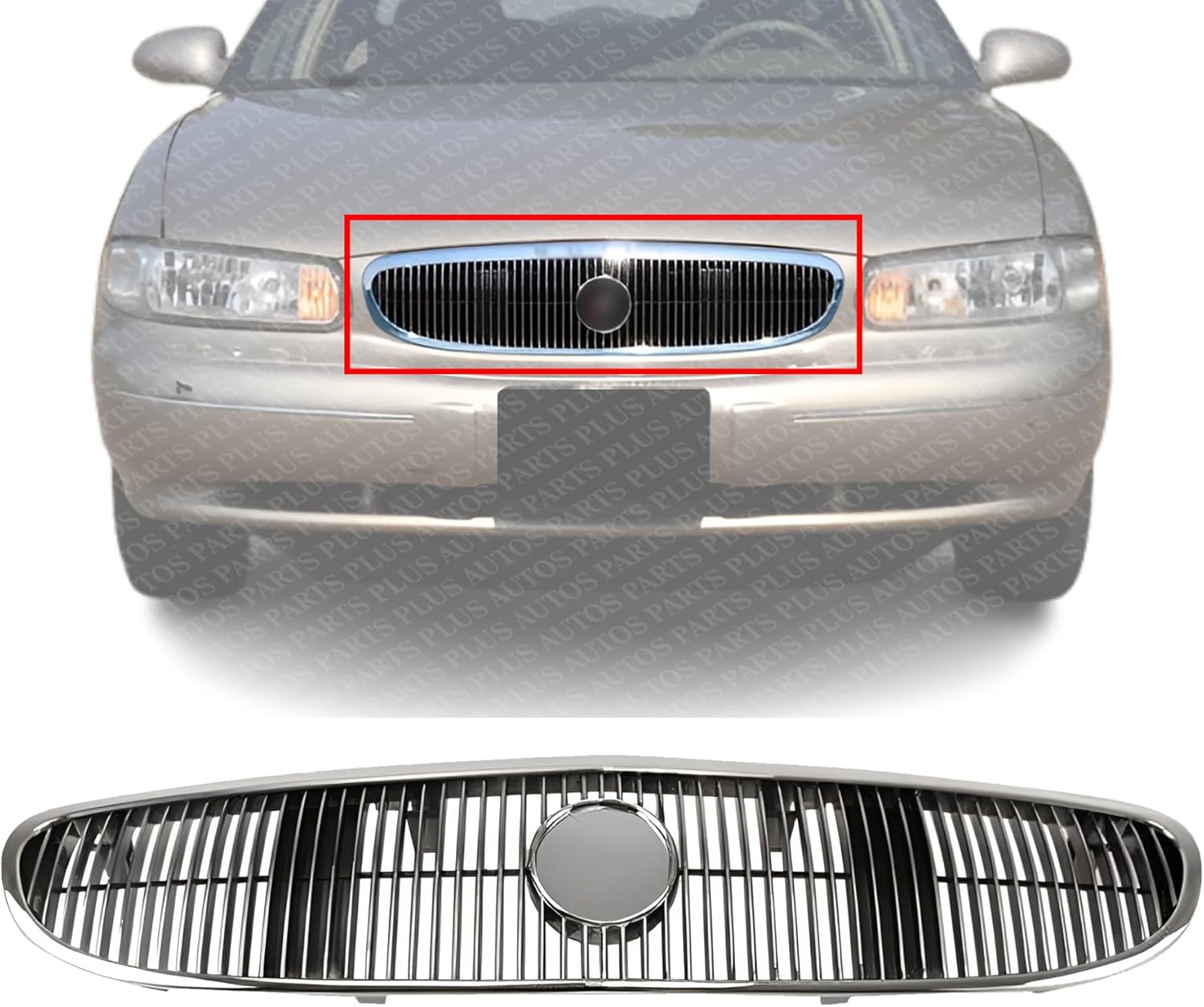 Front Grille Chrome Shell & Primed Insert Plastic Direct Replacement Compatible With 1997-2002 Buick Century GM1200405 10424876