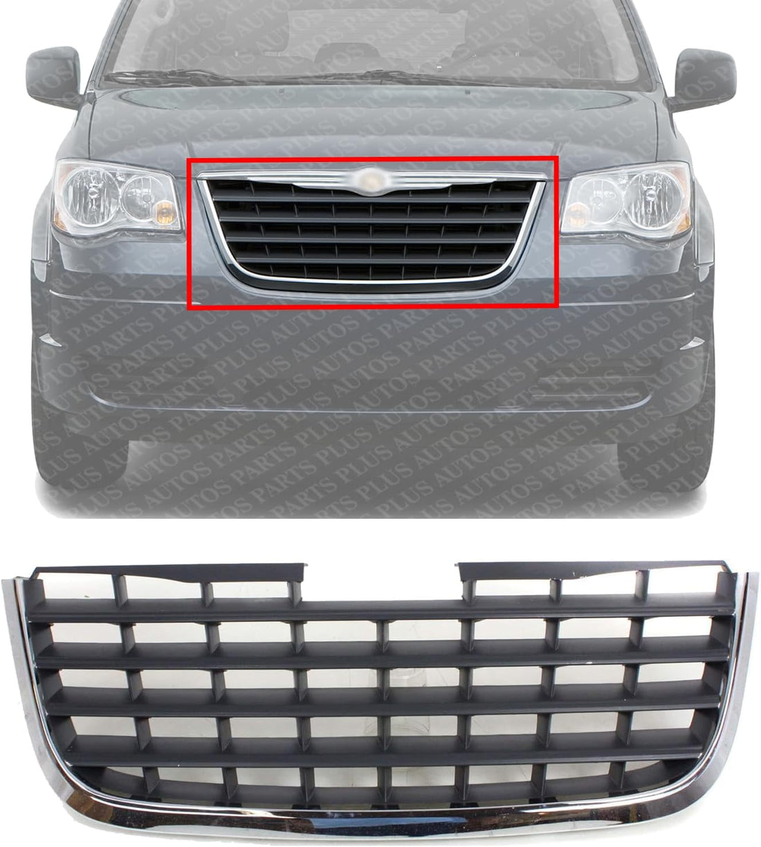Front Grille Chrome Shell With Painted Dark Gray Insert Plastic Direct Replacement Compatible With 2008-2010 Chrysler Town & Country CH1200309 5113228AA