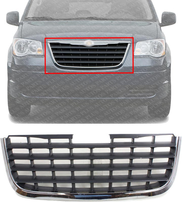 Front Grille Chrome Shell With Painted Dark Gray Insert Plastic Direct Replacement Compatible With 2008-2010 Chrysler Town & Country CH1200309 5113228AA