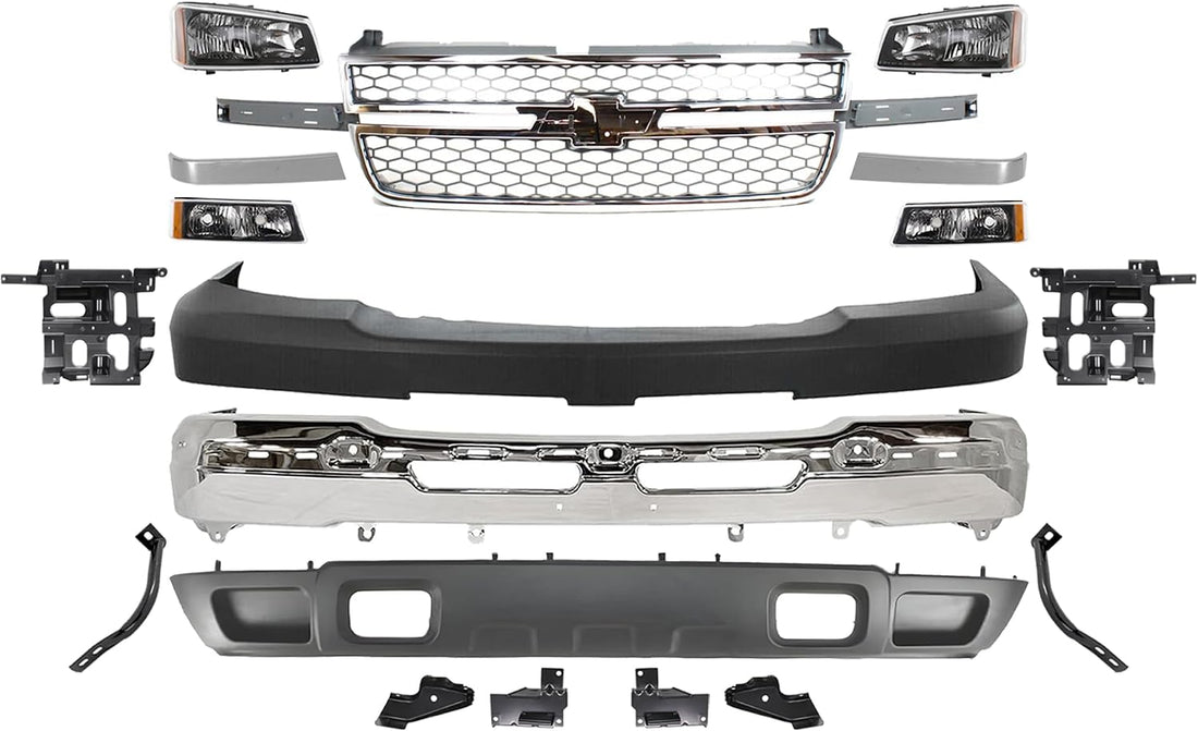 Front Bumper + Upper + Lower Valance + Grille + Moldings + Head & Signal Lights + Brackets Left & Right Side Direct Replacement Compatible With 2003-2006 Chevrolet Silverado 2500HD
