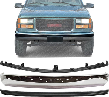 Front Bumper Face Bar Chrome With Pad Holes + Center Filler Primed + Molding Impact Strip Direct Replacement Compatible With 1994-2002 Chevrolet & GMC C/K-Series GM1002802 GM1087180