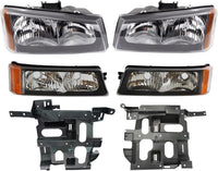 Front Bumper Primed Steel + Grille + Upper Cover + Lower Valance + Brackets + Headlights + Fog Lamps Left & Right Direct Replacement Compatible With 2003-2006 Chevy Silverado 1500