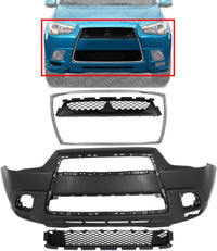 Front Bumper Cover Primed Plastic + Upper & Lower Grille + Chrome Molding Direct Replacement Compatible With 2011-2012 Mitsubishi Outlander/RVR
