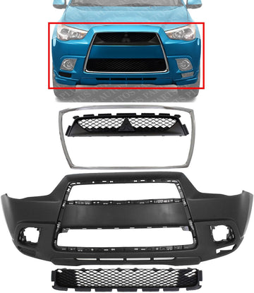 Front Bumper Cover Primed Plastic + Upper & Lower Grille + Chrome Molding Direct Replacement Compatible With 2011-2012 Mitsubishi Outlander/RVR