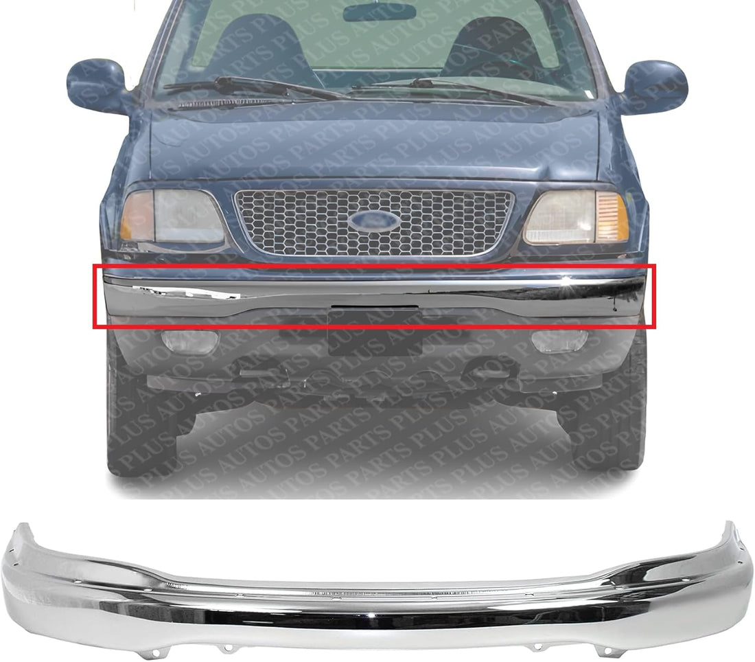 Front Bumper Chrome Steel with Pad Holes Direct Replacement Compatible with 1999-2004 Ford F-150/1999 F-250/1999-2002 Expedition FO1002356 XL3Z17757AA