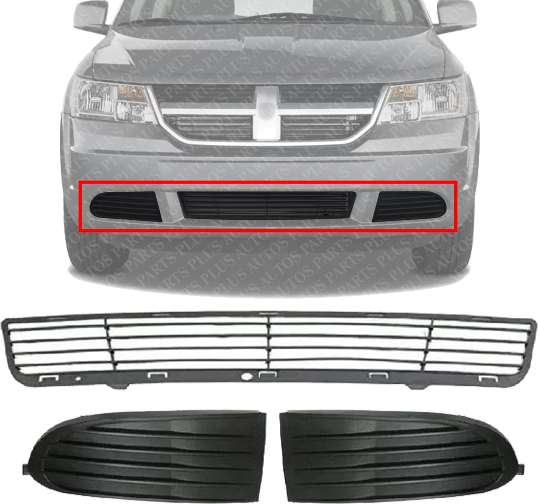 Front Bumper Centre Grille + Fog Light Cover Textured Left Driver & Right Passenger Side Direct Replacement Compatible With 2009-2013 Dodge Journey CH1039134 CH1038134 CH1036112