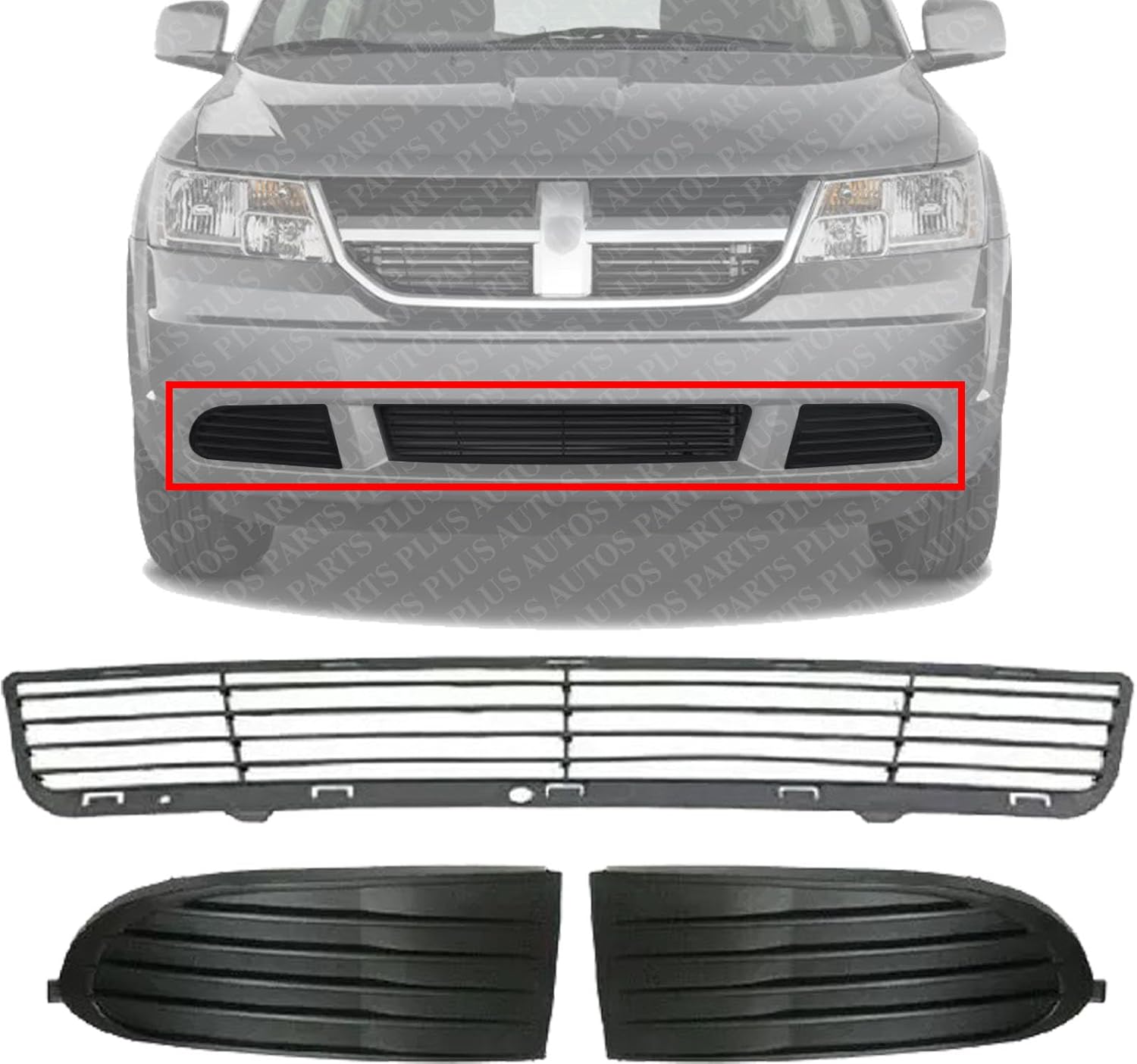Front Bumper Centre Grille + Fog Light Cover Textured Left Driver & Right Passenger Side Direct Replacement Compatible With 2009-2013 Dodge Journey CH1039134 CH1038134 CH1036112