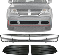 Front Bumper Centre Grille + Fog Light Cover Textured Left Driver & Right Passenger Side Direct Replacement Compatible With 2009-2013 Dodge Journey CH1039134 CH1038134 CH1036112