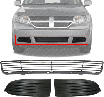 Front Bumper Centre Grille + Fog Light Cover Textured Left Driver & Right Passenger Side Direct Replacement Compatible With 2009-2013 Dodge Journey CH1039134 CH1038134 CH1036112