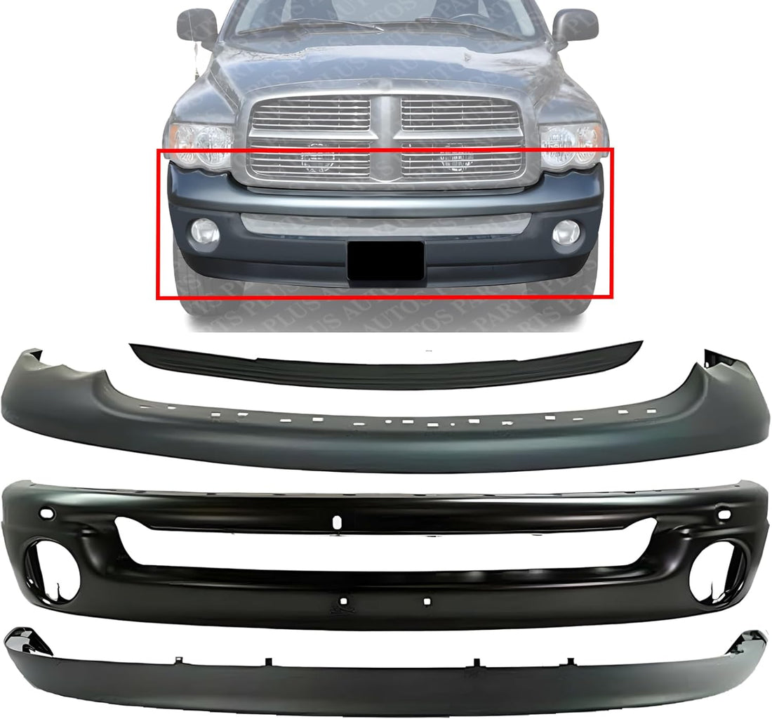 Front Bumper Primed + Upper Cover + Step Pad Molding + Lower Valance Air Dam Direct Replacement Compatible With 2002-2005 Dodge Ram 1500 2500 3500 CH1000338 CH1090125 CH1002377