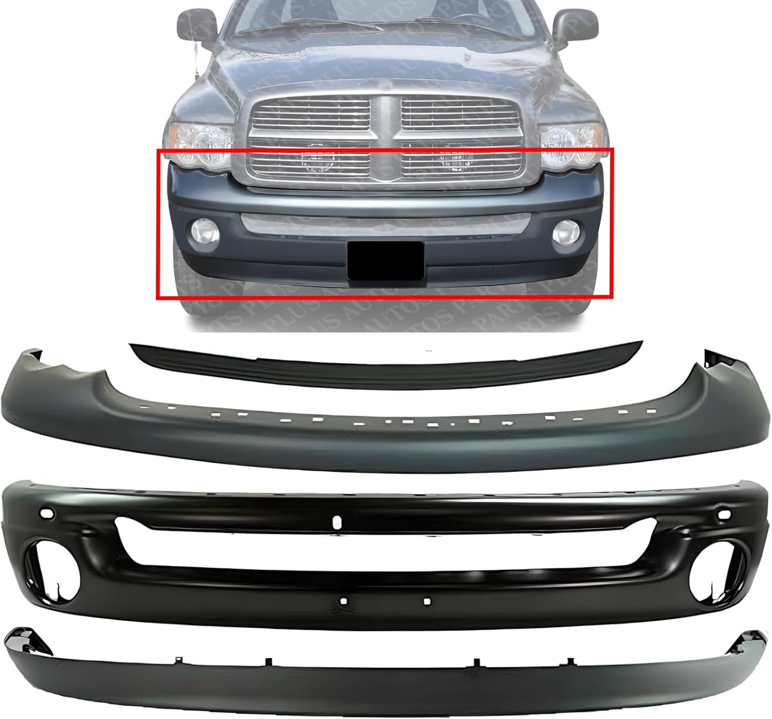 Front Bumper Primed + Upper Cover + Step Pad Molding + Lower Valance Air Dam Direct Replacement Compatible With 2002-2005 Dodge Ram 1500 2500 3500 CH1000338 CH1090125 CH1002377