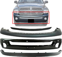 Front Bumper Primed + Upper Cover + Step Pad Molding + Lower Valance Air Dam Direct Replacement Compatible With 2002-2005 Dodge Ram 1500 2500 3500 CH1000338 CH1090125 CH1002377