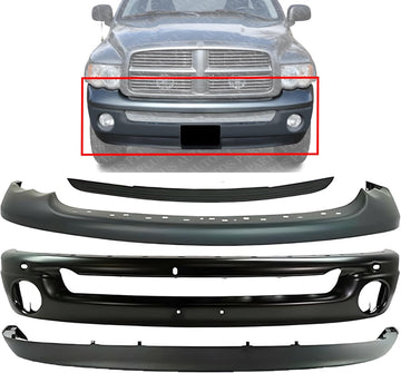 Front Bumper Primed + Upper Cover + Step Pad Molding + Lower Valance Air Dam Direct Replacement Compatible With 2002-2005 Dodge Ram 1500 2500 3500 CH1000338 CH1090125 CH1002377