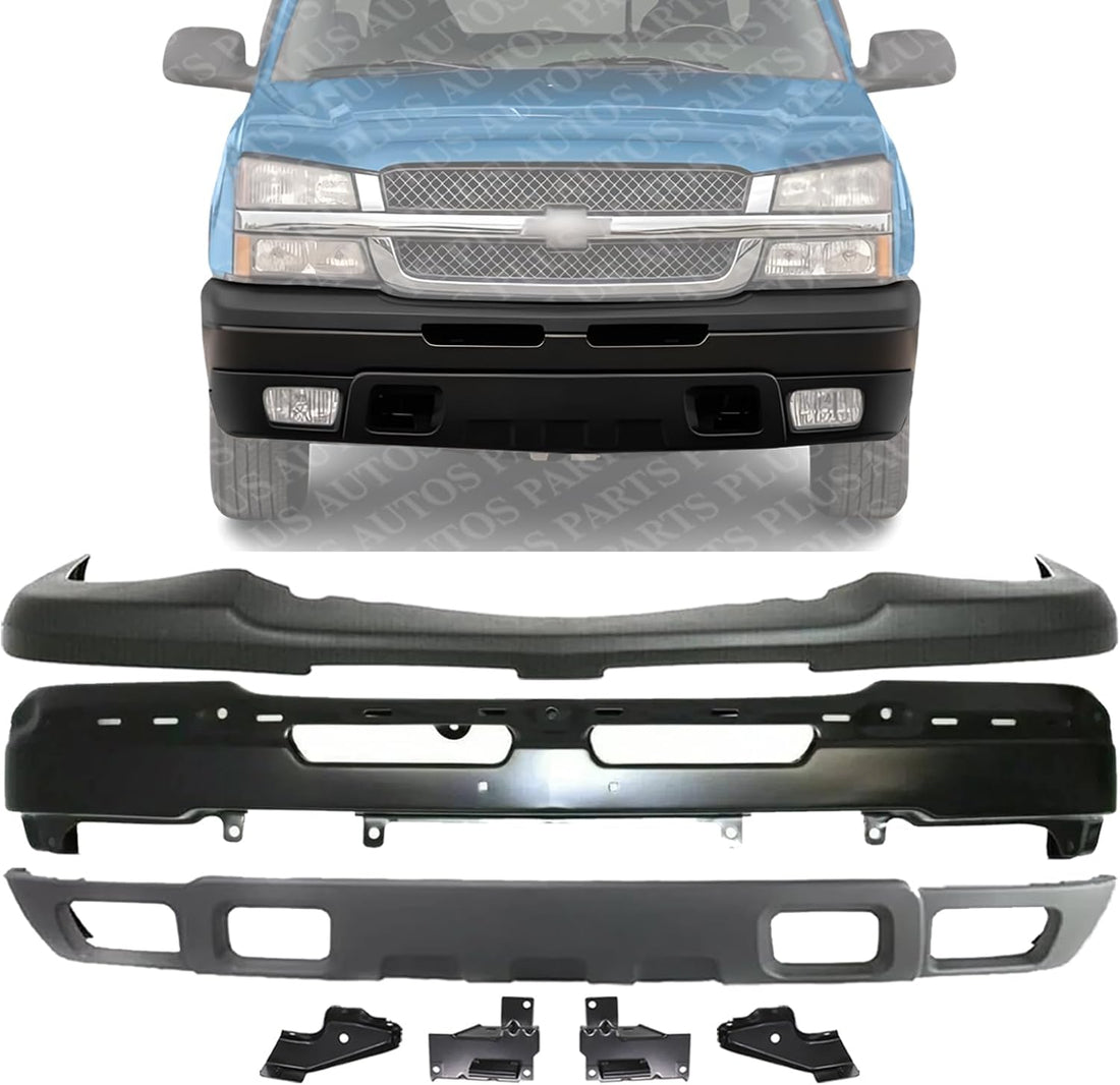 Front Bumper Primed Steel + Upper Cover + Lower Valance Textured + Set Of 4 Bracket + Fog Lamps Left & Right Side Direct Replacement Compatible With 2003-2006 Chevy Silverado 1500