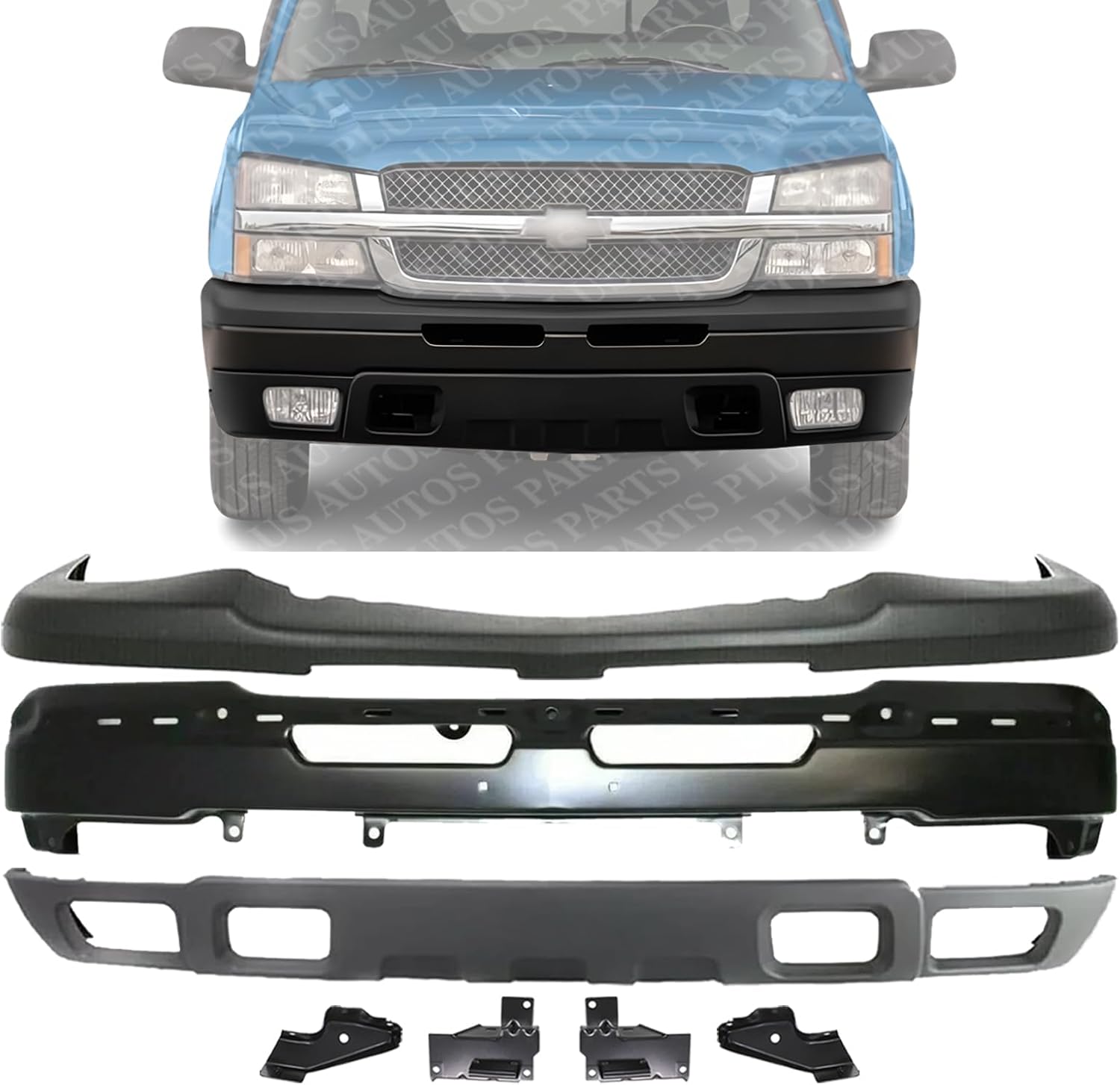 Front Bumper Primed Steel + Upper Cover + Lower Valance Textured + Set Of 4 Bracket + Fog Lamps Left & Right Side Direct Replacement Compatible With 2003-2006 Chevy Silverado 1500