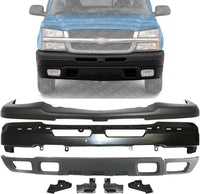 Front Bumper Primed Steel + Upper Cover + Lower Valance Textured + Set Of 4 Bracket + Fog Lamps Left & Right Side Direct Replacement Compatible With 2003-2006 Chevy Silverado 1500