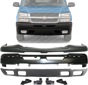 Front Bumper Primed Steel + Upper Cover + Lower Valance Textured + Set Of 4 Bracket + Fog Lamps Left & Right Side Direct Replacement Compatible With 2003-2006 Chevy Silverado 1500