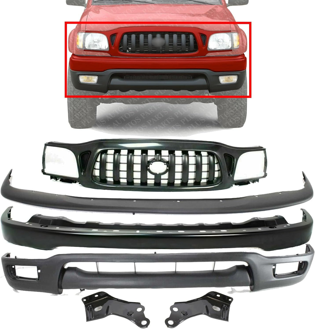 Front Bumper Primed + Grille + Upper Filler + Lower Valance Panel + Brackets Left Driver & Right Passenger Side Direct Replacement Compatible With Toyota Tacoma 2001-2004 TO1095196