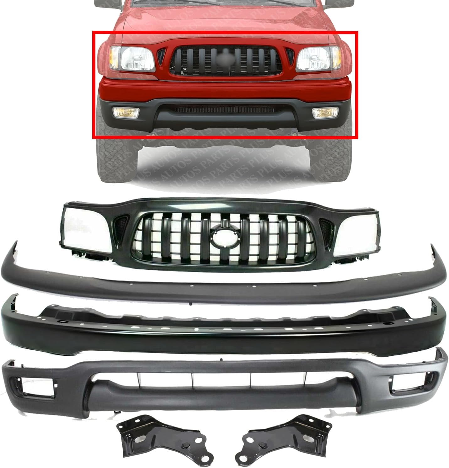 Front Bumper Primed + Grille + Upper Filler + Lower Valance Panel + Brackets Left Driver & Right Passenger Side Direct Replacement Compatible With Toyota Tacoma 2001-2004 TO1095196