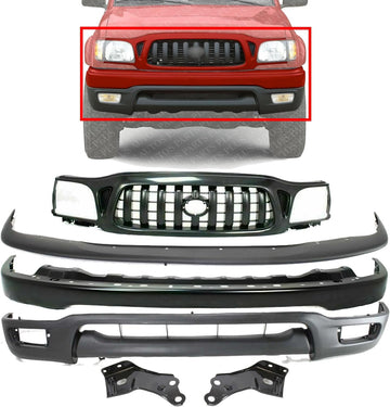 Front Bumper Primed + Grille + Upper Filler + Lower Valance Panel + Brackets Left Driver & Right Passenger Side Direct Replacement Compatible With Toyota Tacoma 2001-2004 TO1095196