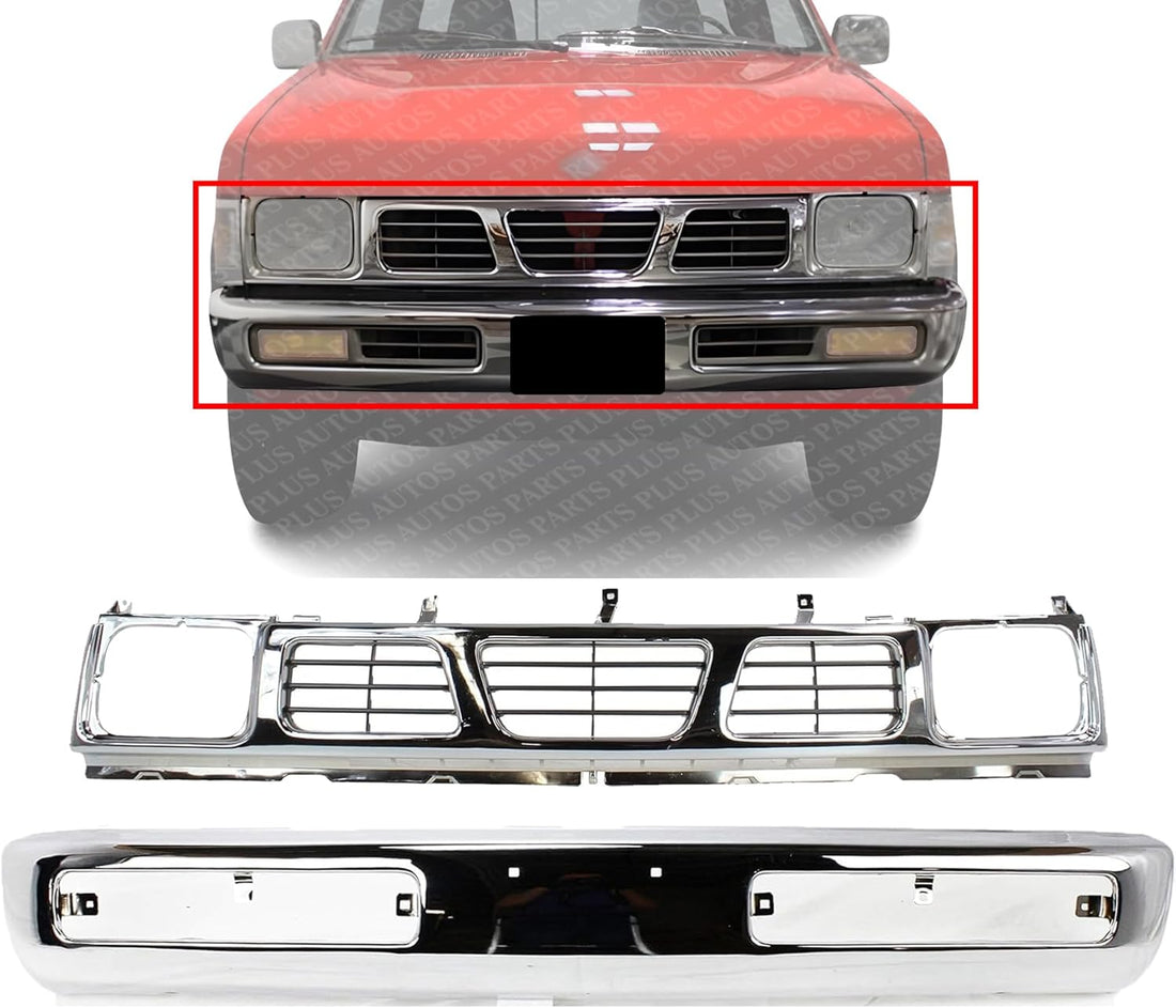 Front Bumper Face Bar Chrome Steel + Grille Chrome Shell/Paintable Gray Insert Plastic Direct Replacement Compatible With 1996-1997 Nissan Pickup NI1200116 NI1002127 6231055G10