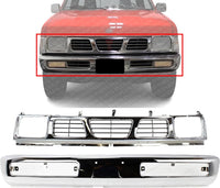 Front Bumper Face Bar Chrome Steel + Grille Chrome Shell/Paintable Gray Insert Plastic Direct Replacement Compatible With 1996-1997 Nissan Pickup NI1200116 NI1002127 6231055G10