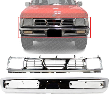 Front Bumper Face Bar Chrome Steel + Grille Chrome Shell/Paintable Gray Insert Plastic Direct Replacement Compatible With 1996-1997 Nissan Pickup NI1200116 NI1002127 6231055G10