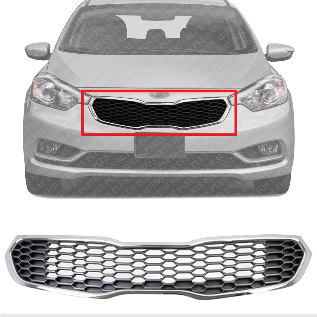 Front Grille Chrome Shell With Gray Insert Direct Replacement Compatible With 2014-2016 Kia Forte / 2014-2016 Kia Forte5 KI1200156 86350A7500