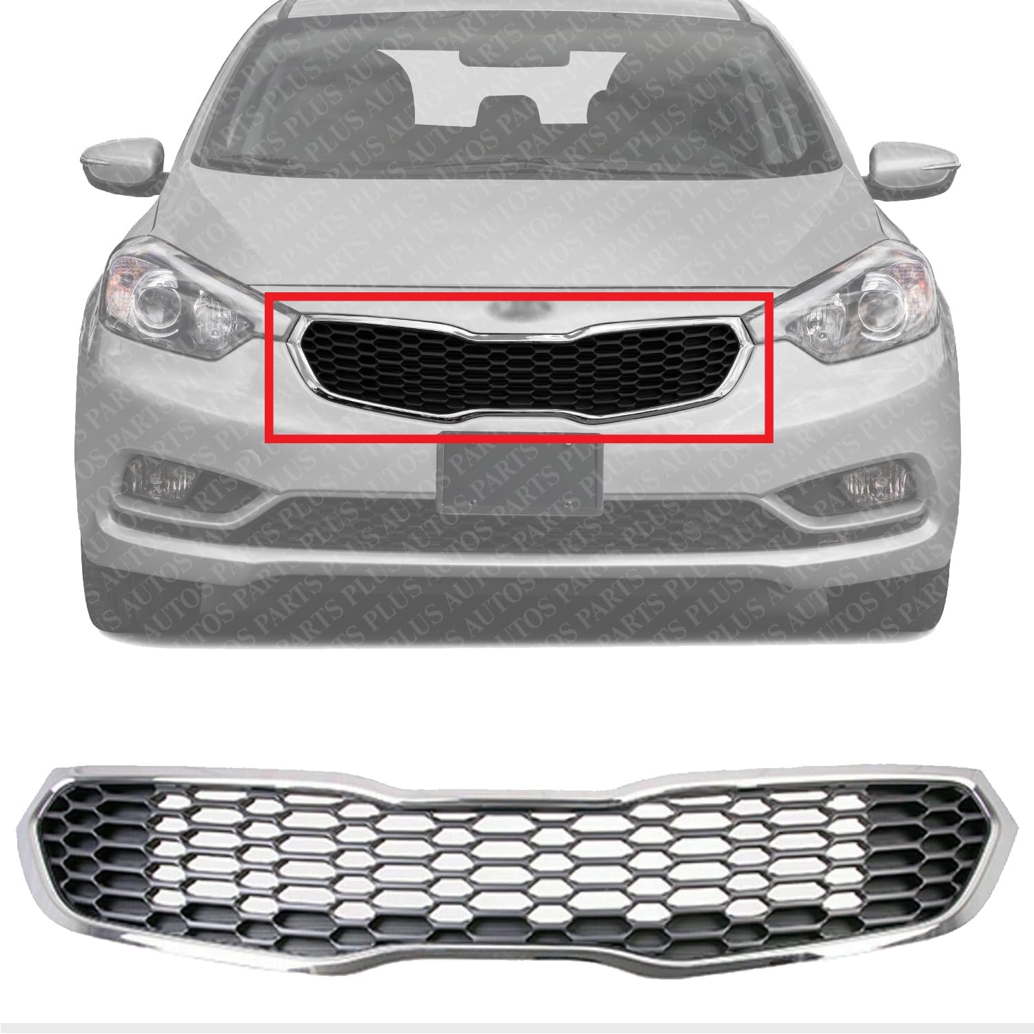 Front Grille Chrome Shell With Gray Insert Direct Replacement Compatible With 2014-2016 Kia Forte / 2014-2016 Kia Forte5 KI1200156 86350A7500