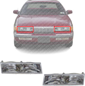 Set Of 2 Front Headlights Assembly Right Passenger & Left Driver Side Direct Replacement Compatible With 1989-1990 Mercury Cougar / 1992-1994 Grand Marquis FO2502126 FO2503126