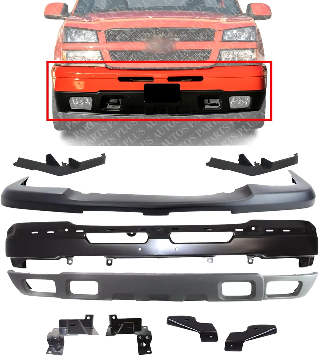 Front Bumper Primed + Upper Cover + Lower Valance + Filler + Set Of 4 Bracket Left Driver & Right Passenger Side Direct Replacement Compatible With 2003-2006 Chevrolet Silverado 1500