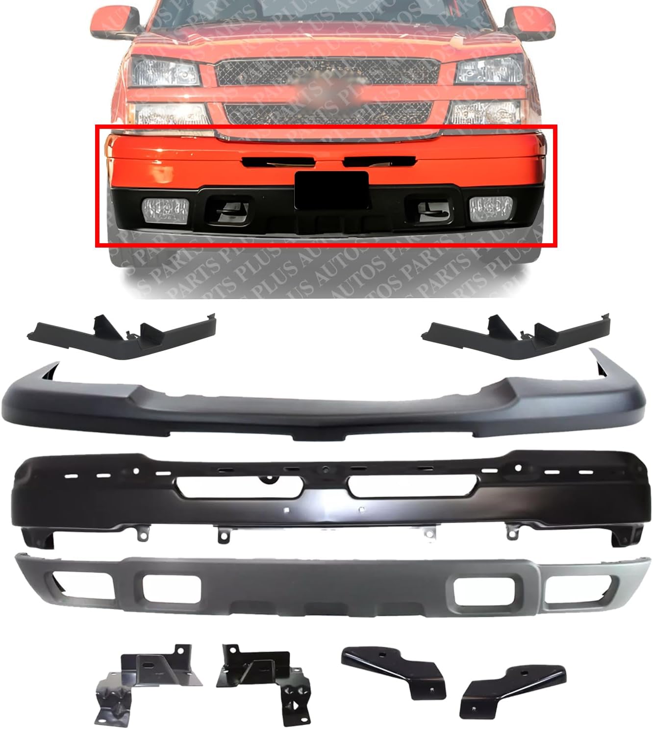 Front Bumper Primed + Upper Cover + Lower Valance + Filler + Set Of 4 Bracket Left Driver & Right Passenger Side Direct Replacement Compatible With 2003-2006 Chevrolet Silverado 1500