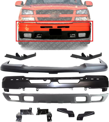 Front Bumper Primed + Upper Cover + Lower Valance + Filler + Set Of 4 Bracket Left Driver & Right Passenger Side Direct Replacement Compatible With 2003-2006 Chevrolet Silverado 1500