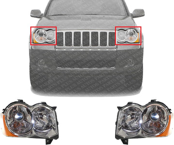 Set Of 2 Front Head Light Lens And Housing Right Passenger & Left Driver Side Direct Replacement Compatible With 2008-2010 Jeep Grand Cherokee CH2518129 CH2519129 55157485AG