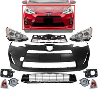 Front Bumper Cover Primed Plastic + Upper & Lower Grille + Headlight + Signal Lamp + Fog Light + Trim Left & Right Side Direct Replacement Compatible With 2012-2014 Toyota Prius C
