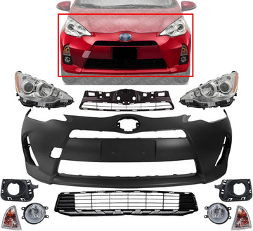 Front Bumper Cover Primed Plastic + Upper & Lower Grille + Headlight + Signal Lamp + Fog Light + Trim Left & Right Side Direct Replacement Compatible With 2012-2014 Toyota Prius C