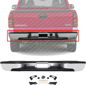 Rear Bumper Face Bar Chrome Steel With Mounting Bracket Direct Replacement Compatible With 1999-2006 Chevrolet Silverado 1500 GM1103122 12496085