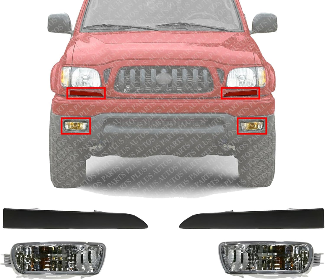 Front Headlight Fillers Primed + Signal Lights Assembly Right Passenger & Left Driver Side Direct Replacement Compatible With 2001-2004 Toyota Tacoma TO1088108 TO1089108 TO2530140