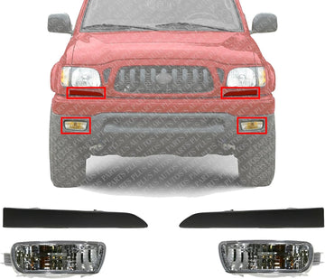 Front Headlight Fillers Primed + Signal Lights Assembly Right Passenger & Left Driver Side Direct Replacement Compatible With 2001-2004 Toyota Tacoma TO1088108 TO1089108 TO2530140