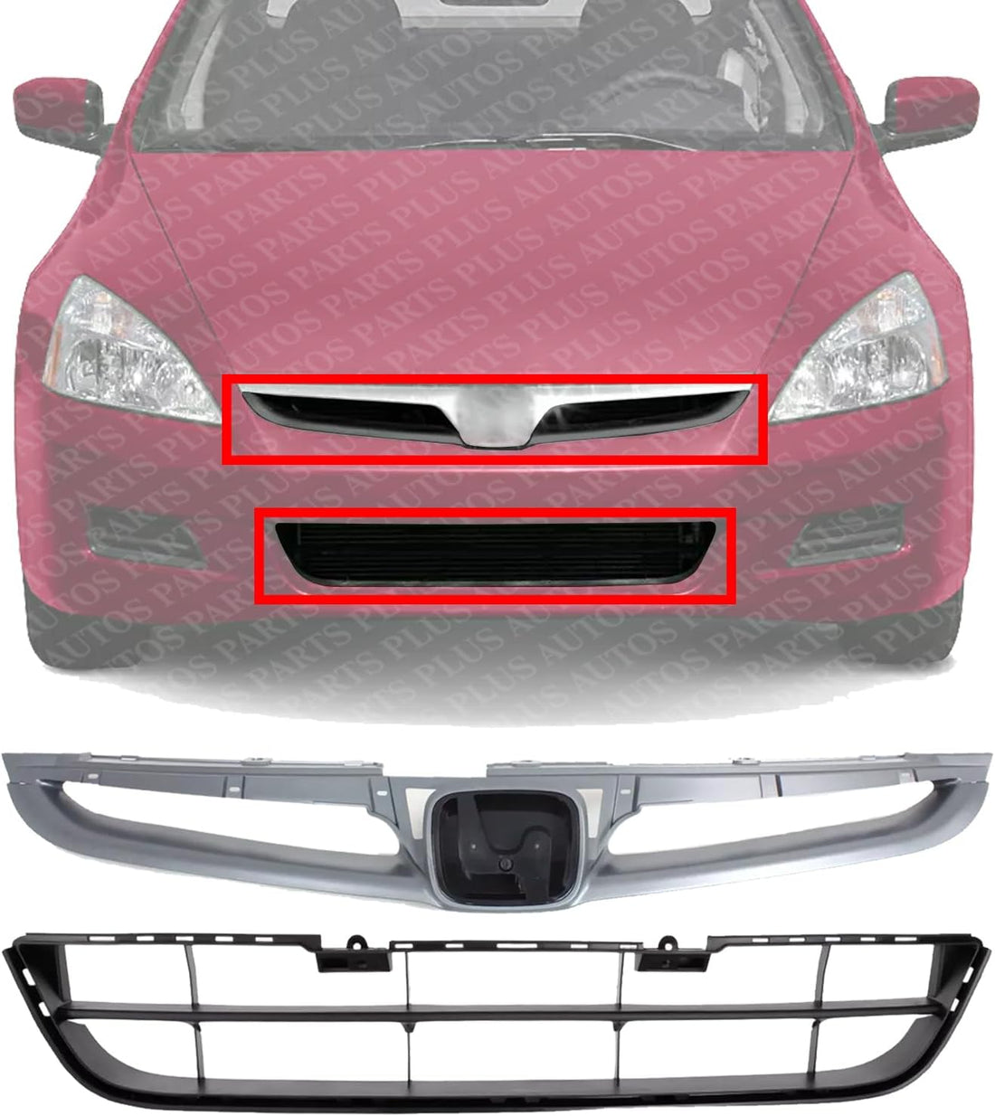 Front Upper Textured + Lower Primed Grille Direct Replacement Compatible With 2006-2007 Honda Accord HO1200179 HO1036101 71121SDAA10ZA 71102SDAA00