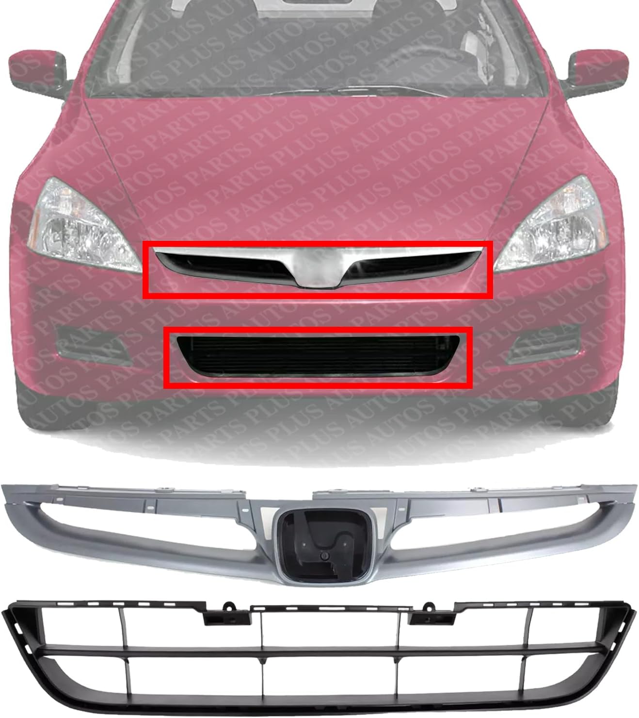 Front Upper Textured + Lower Primed Grille Direct Replacement Compatible With 2006-2007 Honda Accord HO1200179 HO1036101 71121SDAA10ZA 71102SDAA00