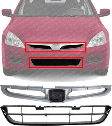 Front Upper Textured + Lower Primed Grille Direct Replacement Compatible With 2006-2007 Honda Accord HO1200179 HO1036101 71121SDAA10ZA 71102SDAA00