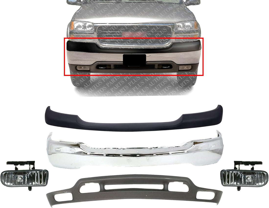 Front Bumper Chrome + Upper Cover Primed + Lower Valance Textured Fog Lights Right & Left Side Direct Replacement Compatible With For GMC Sierra 1999-2002 / Yukon 2000-2006 1500 2500