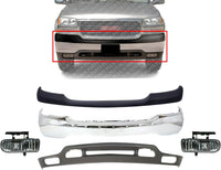 Front Bumper Chrome + Upper Cover Primed + Lower Valance Textured Fog Lights Right & Left Side Direct Replacement Compatible With For GMC Sierra 1999-2002 / Yukon 2000-2006 1500 2500