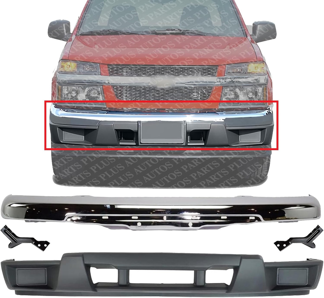 Front Bumper Chrome Steel with Brackets + Lower Valance Primed with Tow Hook & Without Fog Light Holes Direct Replacement For 2004-2012 Chevrolet Colorado/GMC Canyon GM1000723