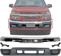 Front Bumper Chrome Steel with Brackets + Lower Valance Primed with Tow Hook & Without Fog Light Holes Direct Replacement For 2004-2012 Chevrolet Colorado/GMC Canyon GM1000723